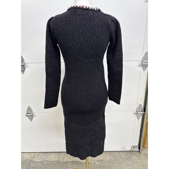New Self-Portrait Lurex Black with red & white weave Sweater Midi Dress Size 12 - Picture 2 of 9